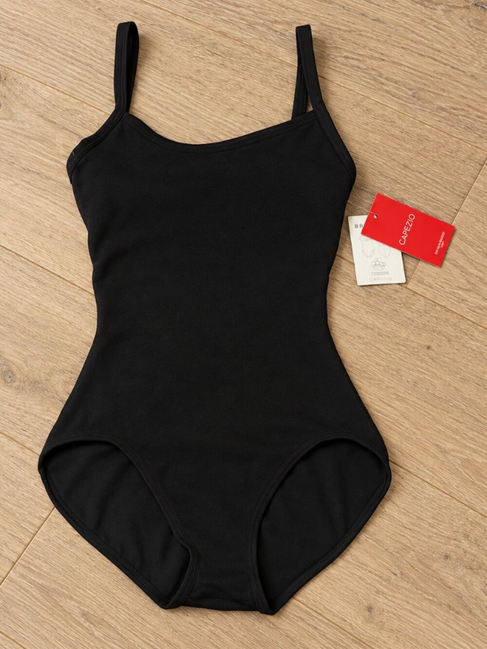 black cami leotard with built in bra, capezio bratek2, size small new with tags